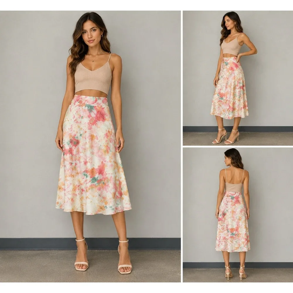 Auguste The Label Rayon Viscose Midi Skirt US 2 Tie Dye Pink Orange‎ Green